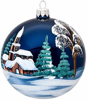 Skinnende, glitrende og smukke blå julekugler med vinterlandskab. 10cm