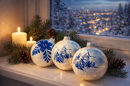 Polske, glas julekugler i porcelænhvid med blåt landskab. 8 cm. 6 stk