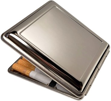 LILLE GAVE TIN RYGER. Dobbelsidet nikkel cigaretetui metal Vom Hofe