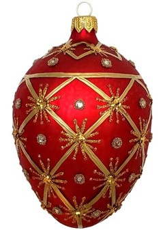 Håndmalet jule glas pynt i rød Fabergé æg form. Julefigur H: 13 cm