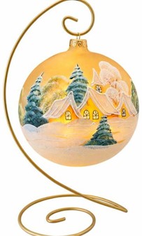 Jule glas lanterne i guld gennemsigtig mat med vinterhytter. Ø 15 cm