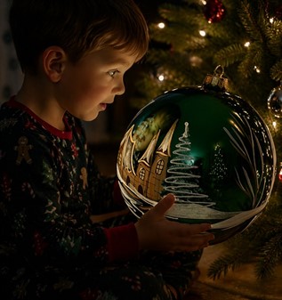 Fantastiske glas julekugle i funklende grøn med vintermotiv. Ø 20 cm