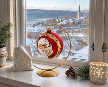 Smukkeste julekugler. Knald rødt julekugle med julemand. Ø 10 cm