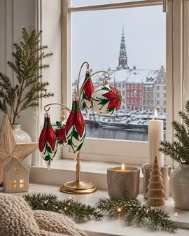 Eksklusiv glasjulepynt – 3 istapper med røde blomster og blade. 13 cm