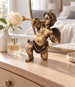 FIGURER PYNT. Smuk, dekorativ bronze figur af engel med trompet