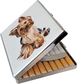 Cigaretetui metal til 20 cigaretter med Yorkshire Terrier-design