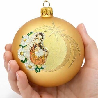 Eksklusiv Julekugle. Gør julen magisk med Maria og Jesus i guld. 10 cm