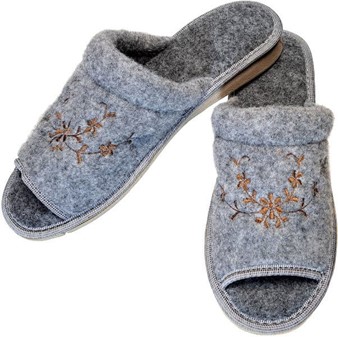 SUTSKO FILT. Kvinders grå slippers med guldbroderi og gummisål, 129 kr