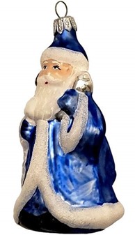 Julepynt online shop. Polsk glas figur af julemand i blå pels. H 11 cm