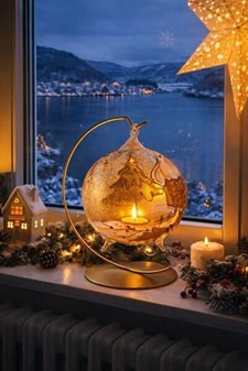 Unik glas julekugle i form lysestage-lanterne med guld vintermotiv