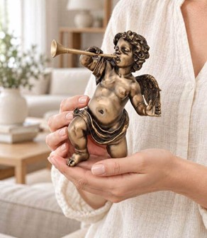 FIGURER PYNT. Smuk, dekorativ bronze figur af engel med trompet
