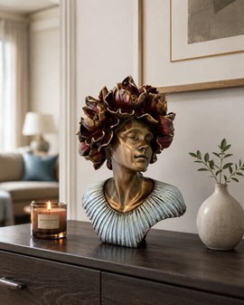 Unik Kvindebuste med Pæoner Krans. Moderne Skulptur til Boligen