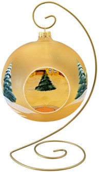 Jule glas lanterne i guld gennemsigtig mat med vinterhytter. Ø 15 cm