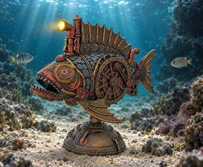 Unik Steampunk Dybhavsfisk med Mystisk Lys. Dekorationsfigur i bronze