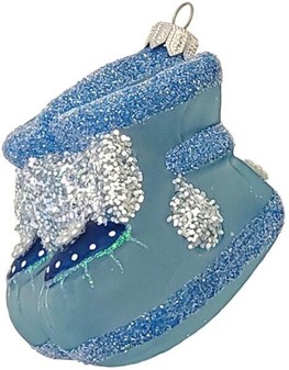 Julekugler fra Polen. Rigt dekoreret baby sko i mat blå glas, H 10 cm
