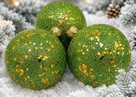 Lysegrøn Julemagi: Håndlavede Glas Julekugler med Guldstøv. Ø 8cm 6stk