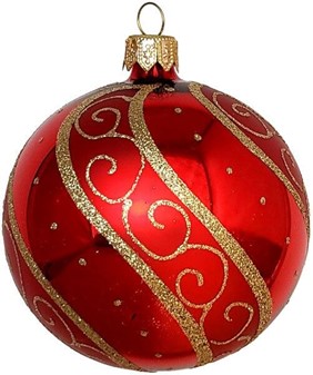 Julekugle glas i rød farve med en blank finish og gylden dekoration