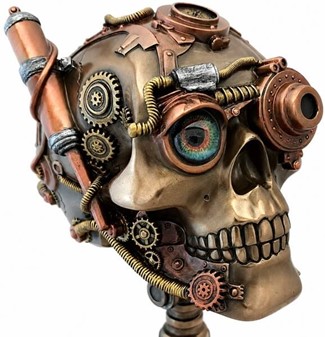FIGURER STEAMPUNK. Unik bronzefigur af kranium på kædehjul stativ