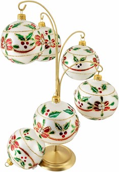 Mundblæst glas julepynt. Julekugler i porcelæn hvid med rød blomst