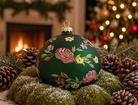 Håndmalede julekugle Polen i grøn mat med rosenrød dekoration. Ø 12 cm