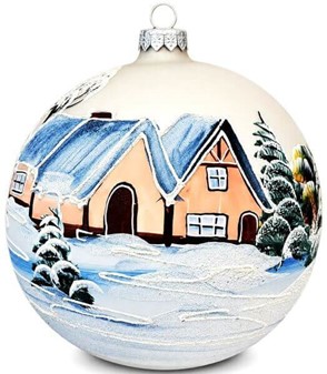Stor hvid julekugle i glas – unik pynt med vinterlandskab. Ø 15 cm