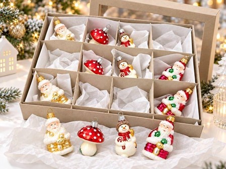 JULEKUGLER FIGURER. Eksklusivt julesæt med 12 mundblæste glas figurer
