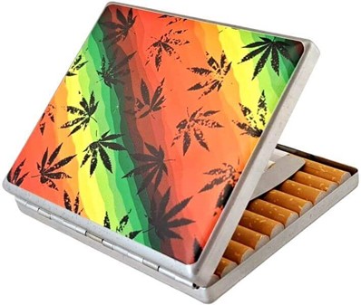 Cigaret etui metal med levende Rasta farver og cannabis blade