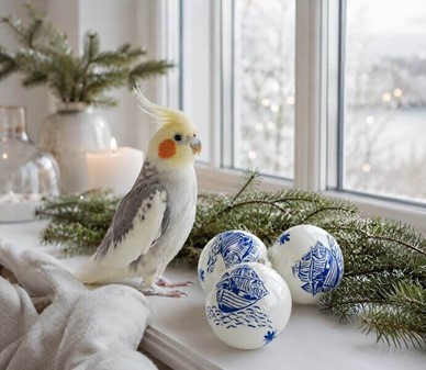 Jule glaskugle i hvid emalje porcelænsfarve med blå båd på kuglen. 8cm