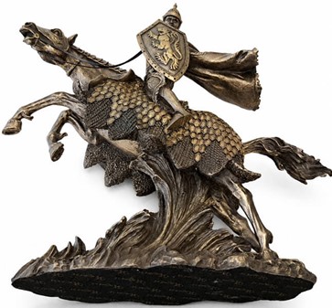 Majestætisk bronzefigur af middelalder ridder på hest. Til stuepynt