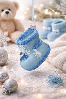 Julekugler fra Polen. Rigt dekoreret baby sko i mat blå glas, H 10 cm
