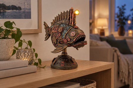 Unik Steampunk Dybhavsfisk med Mystisk Lys. Dekorationsfigur i bronze
