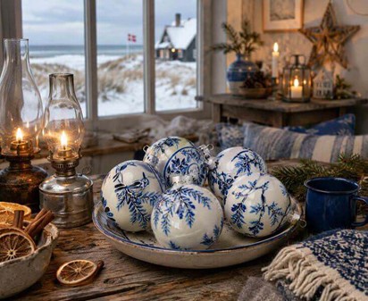 Unikke håndmalede julekugler i porcelæns-look med blå fugle. 8cm, 6stk