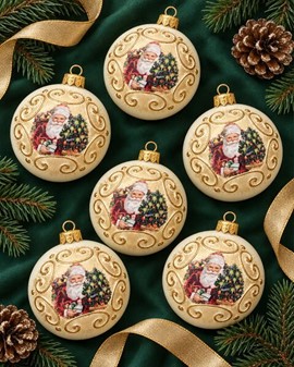 Nostalgisk julepynt: Hvide julekugler med julemand. Ø 8 cm, 6 stk