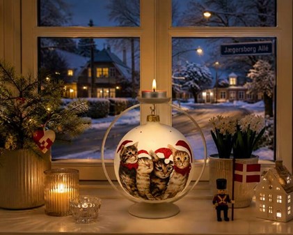 KATTE JULEPYNT. Stor julekugler i hvid med fire katte. Ø 15 cm