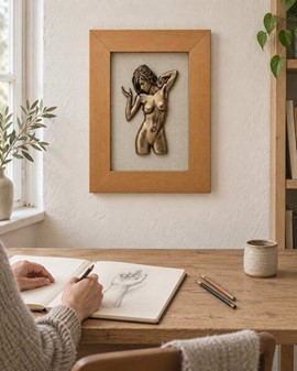 Kunstnerisk Vægdekoration: Elegant Nøgenfigur Bronze i Træramme