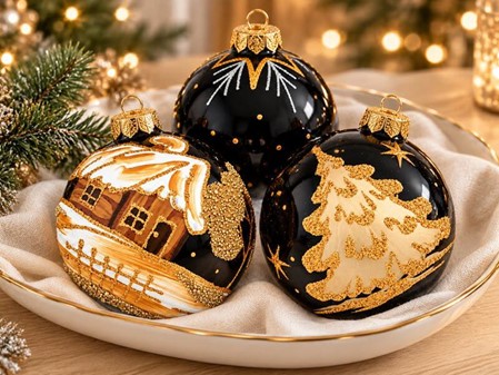 Sorte julekugler med tre forskellige julemotiver i guld, Ø 8 cm 6 stk