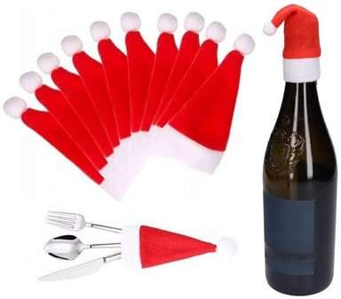 Pynt til julebordet. Mini nissehuer til bestik og vinflasker. 10 stk