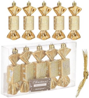Julekugler slik. Guld og rødt plastik juletræskugler. 8 cm, 10 stk
