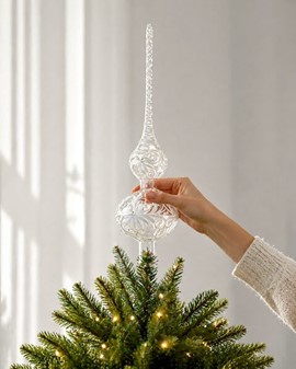 Top spir gennemsigtig med hvid dekoration. Juletræstop spir glas 35 cm