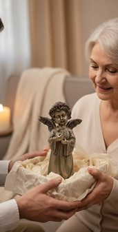 Engelfigur med due. Symbol på fred, kærlighed og uforglemmelig gave