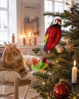 Julepynt til juletræ. Glas, flerfarvet papegøje med ægte fjer i halen