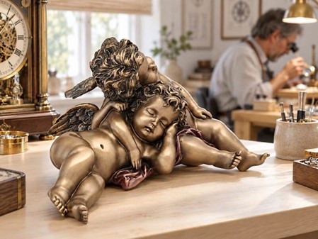 JULEGAVE IDEER TIL HENDE. Smuk bronzefigur af sovende to engle