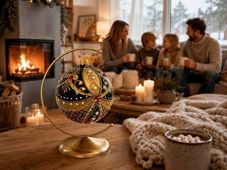 Guld/sort juletræskugle dekoreret med hvide perler og røde krystaller