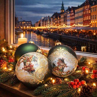 Nostalgiske matgrønne julekugler med børn og snemand. Ø 8 cm, 6 stk