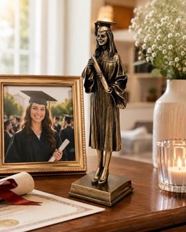 Kandidatgave til hende. Bronzefigur af pige i universitetshue og kappe