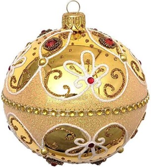 Exclusiv, rigt dekoreret guld julekugle med røde krystaller, Ø 10 cm