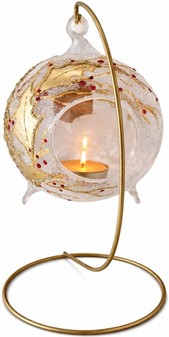 Unik glas julekugle i form lysestage-lanterne med guld vintermotiv