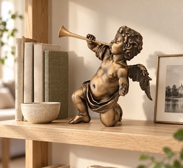 FIGURER PYNT. Smuk, dekorativ bronze figur af engel med trompet