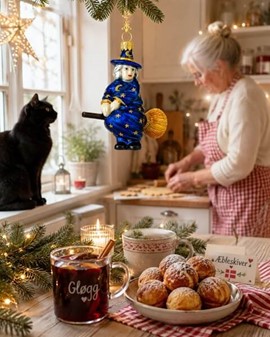 Juletræspynt. Håndlavet glas heks i en blå kjole på en kosteskaft