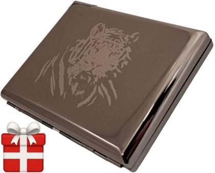 Metal Cigarettetui med Lighter. Tigerdesign, rød flamme. Til 20 stk